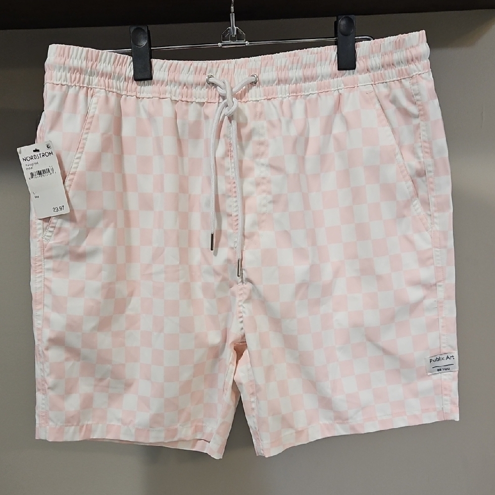 Public Art Pink Checkered Men's Swim Trunks